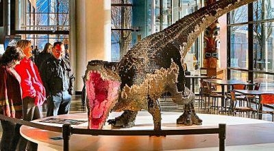 In the OMSI lobby outside the “Jurassic World” exhibition, this realistic LEGO model stops people cold, as they pass by.
