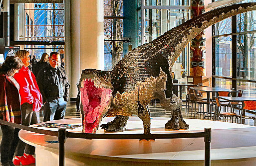 In the OMSI lobby outside the “Jurassic World” exhibition, this realistic LEGO model stops people cold, as they pass by.