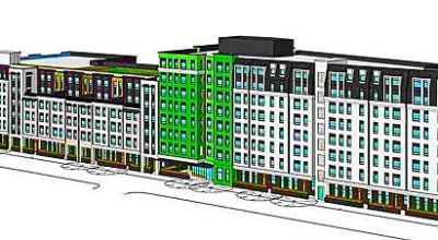 Here’s the currently-proposed “look” of the new two-block-long, seven-story-high apartment house planned for the edge of the Oaks Bottom Bluff on the west side of Milwaukie Avenue, between Ellis and Insley Streets at the north end of Westmoreland. (Courtesy of City of Portland)
