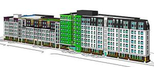 Here’s the currently-proposed “look” of the new two-block-long, seven-story-high apartment house planned for the edge of the Oaks Bottom Bluff on the west side of Milwaukie Avenue, between Ellis and Insley Streets at the north end of Westmoreland. (Courtesy of City of Portland)
