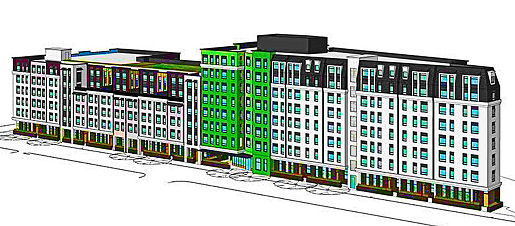Here’s the currently-proposed “look” of the new two-block-long, seven-story-high apartment house planned for the edge of the Oaks Bottom Bluff on the west side of Milwaukie Avenue, between Ellis and Insley Streets at the north end of Westmoreland. (Courtesy of City of Portland)